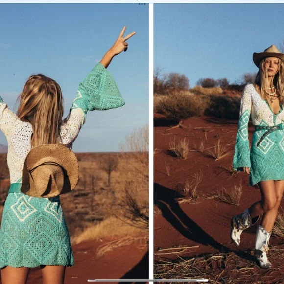 Chasing Unicorns California Crochet Mini Dress M Green NWT - Picture 2 of 10